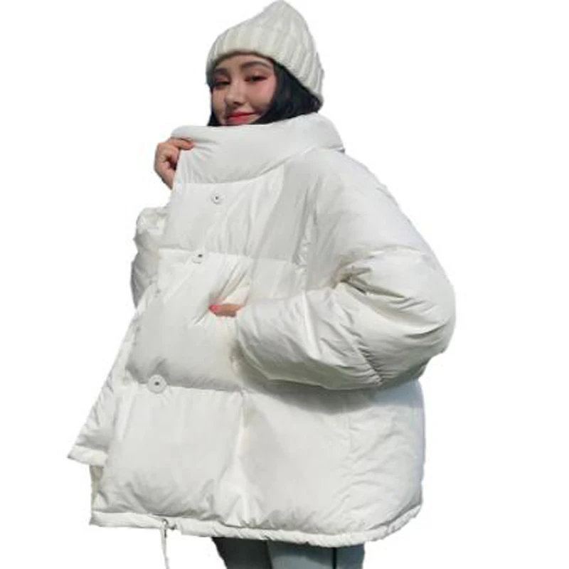 

2020 Korean Style Winter Women Jacket Stand Collar Solid Black White Female Coat Loose Oversized Womens Short Parka