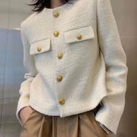 2021 long sleeve short jacket o neck single breasted solid color slim coat temperament button loose wool woven tweed jacket
