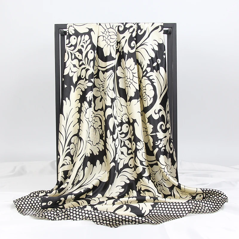 Шелковый шарф женский модный дизайнерский платок с золотыми цветами большой