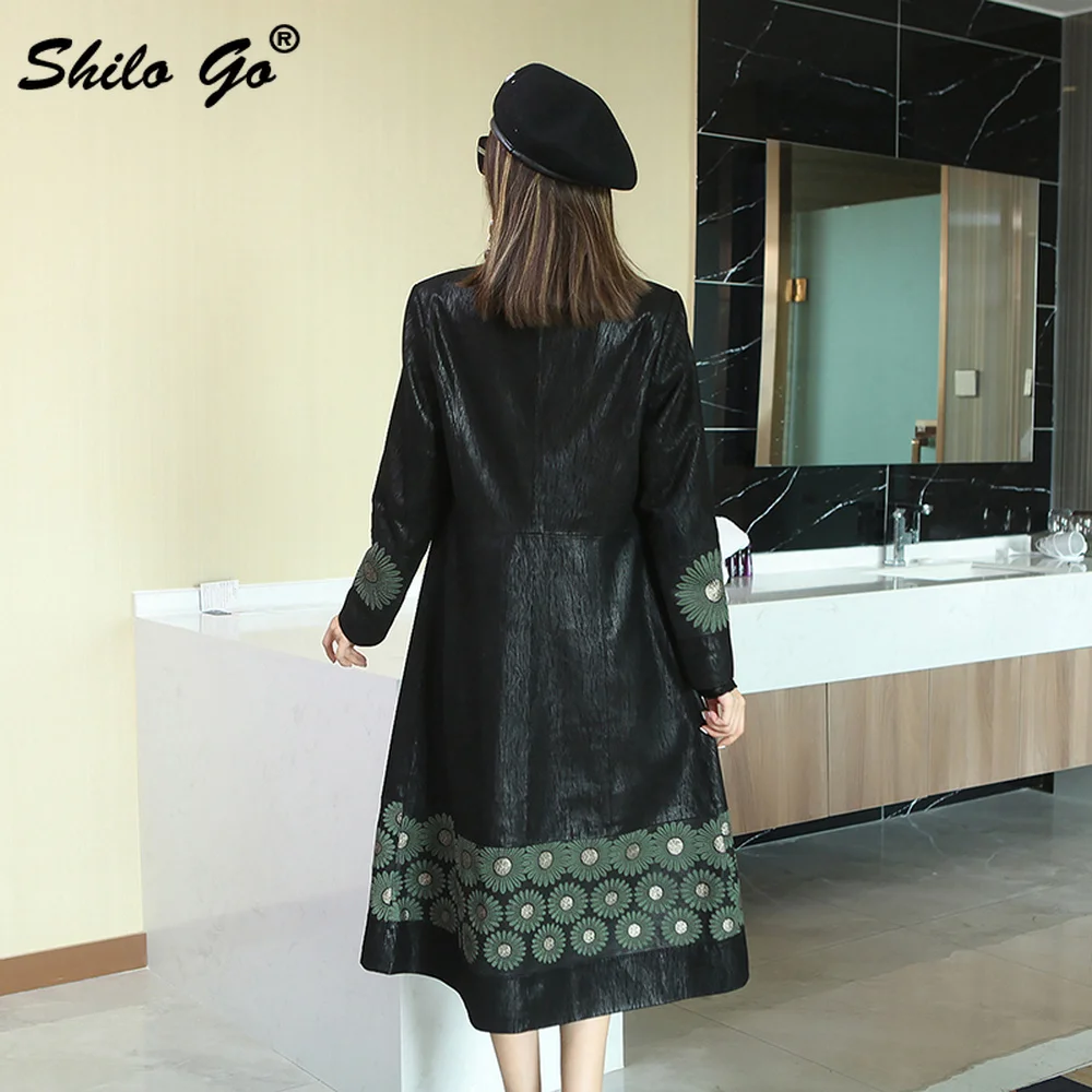 

Floral Embroidery Hem Stand Collar A Line Knee-Length Trench Women Winter Office Lady Genuine Leather Coat Sheepskin Outwear