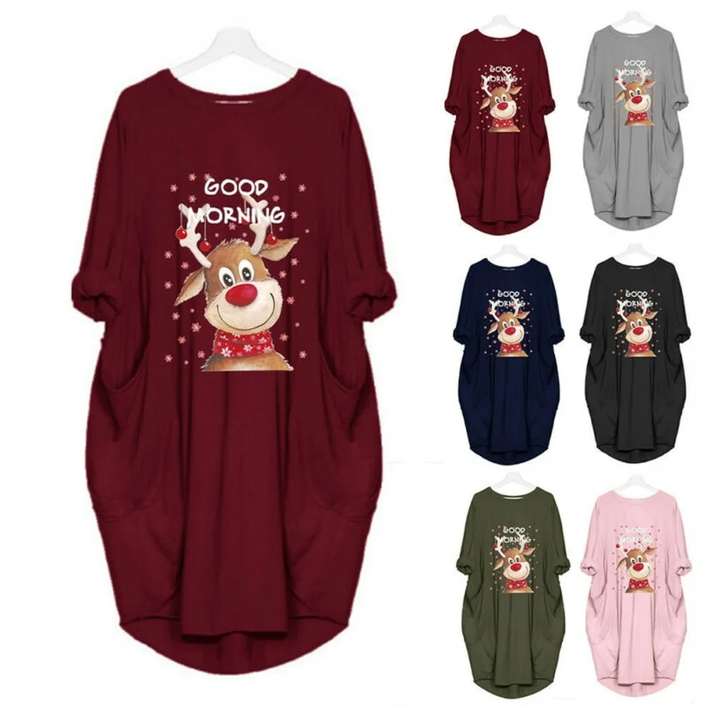 

Women Round Neck Short Sleeve Letter Elk Printed Casual Plus Size T-shirt Dress