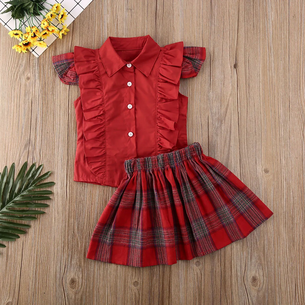 

Pudcoco Newest Fashion Toddler Baby Girl Clothes Solid Color Sleeveless Ruffle Tops Plaids Mini Skirt 2Pcs Outfits Clothes