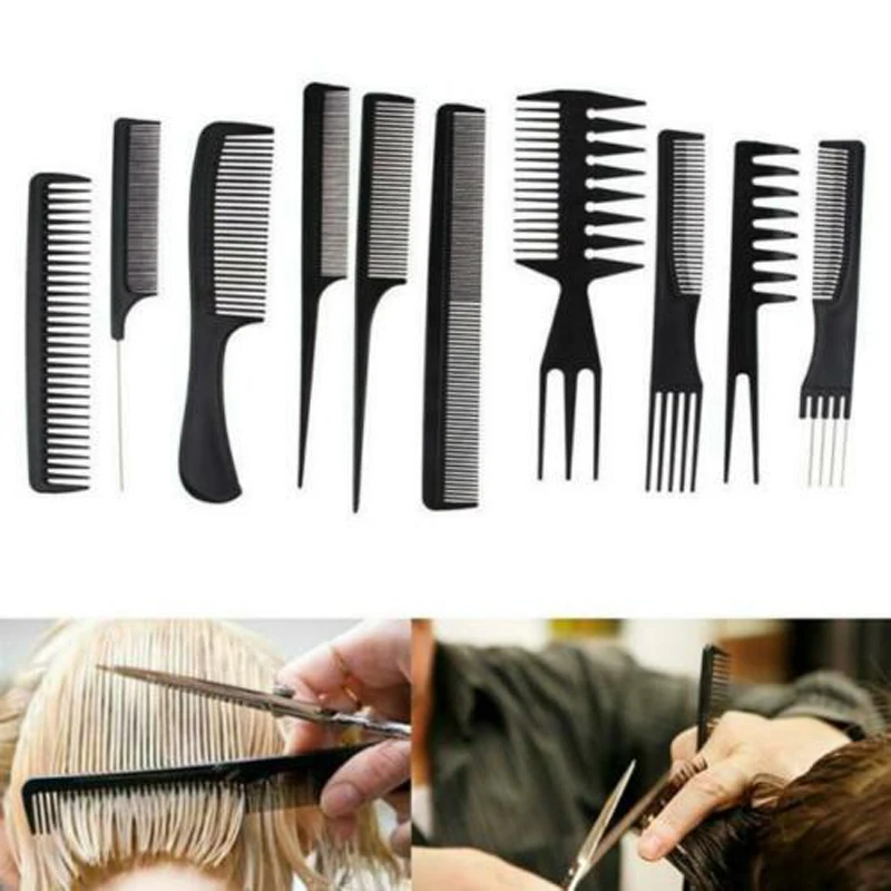 

Black 10Pcs/Set Professional Combs Hairdressing New Tail Comb Two Carbon Anti Static Comb Hair Cutting Comb Set