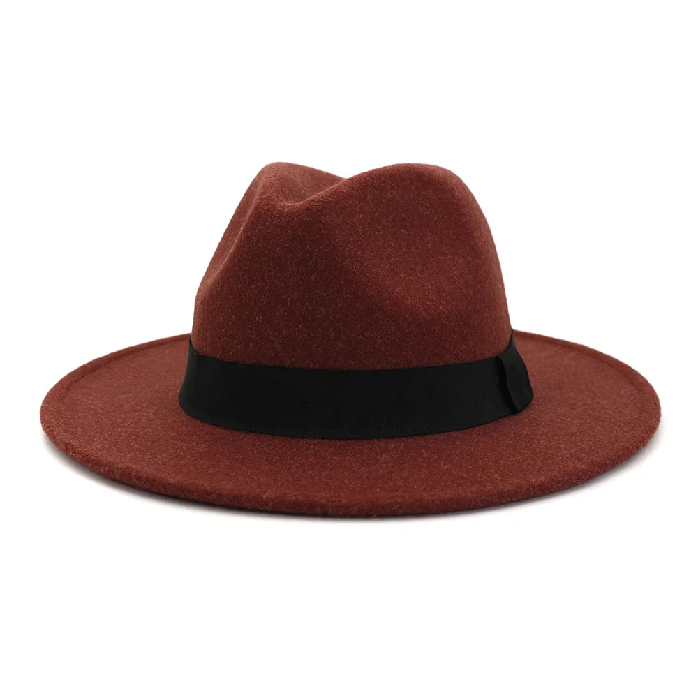 

35% Wool Unisex Solid Color Single Side Felt Jazz Fedora Hats Elegant Men Women Wide Brim Panama Trilby Cap Wholesale