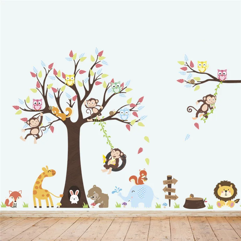 

Lovely Animals Tree Wall Stickers For Kids Room Kindergarten Decoration Monkey Giraffe Elephant Safari Mural Art Diy Home Decals