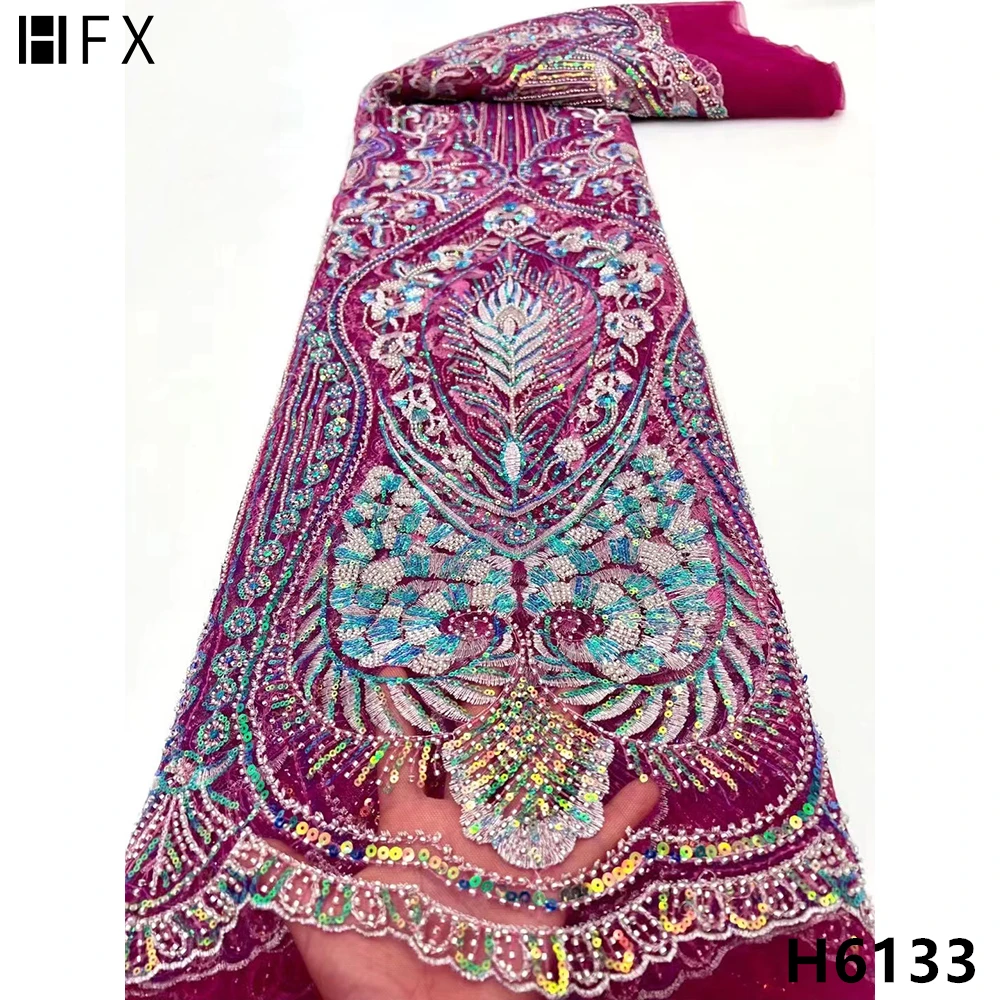 Синяя африканская сетчатая кружевная ткань HFX с блестками французская Тюлевая