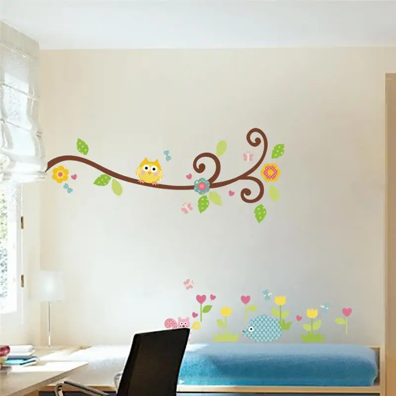 

Owls Tree Branch Flowerss Vine Wall Stickers Kids Bedroom Decoration Nursery Cartoon Children Decals Diy Animals Wall Mural Art