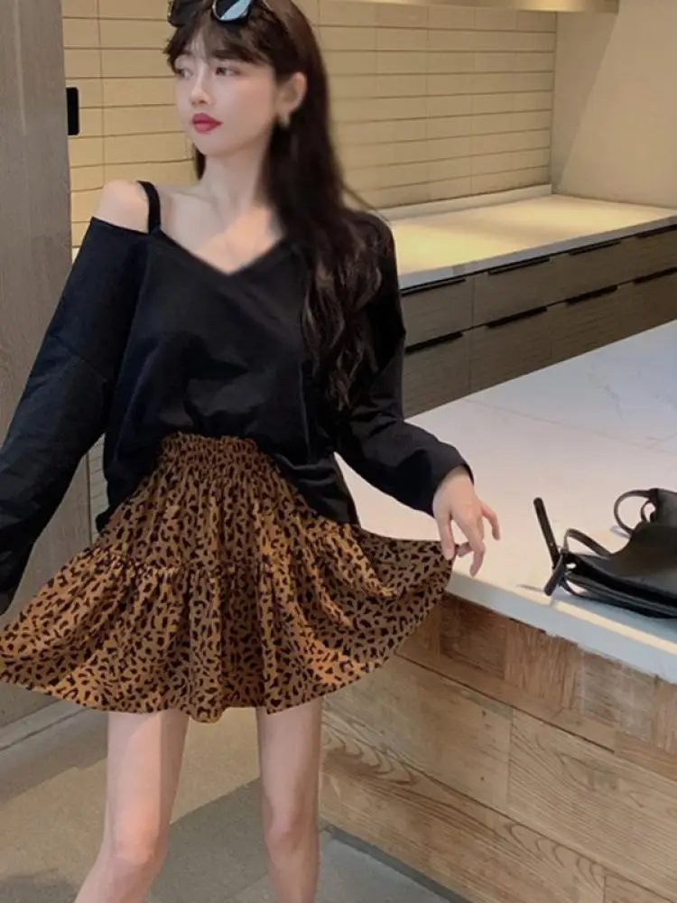 

Ladies Korean Fashion Retro Small Fresh High Waist Slim Temperament Leopard Print A-Line Skirt