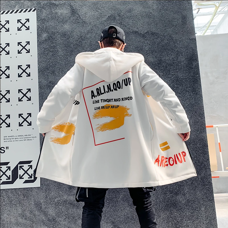 

Men Loose Windbreaker Men Winter Hooded Fleece Warm Jacket Fashion Hip Hop Overcoat Street WearCasual Print Long Jacket For Men