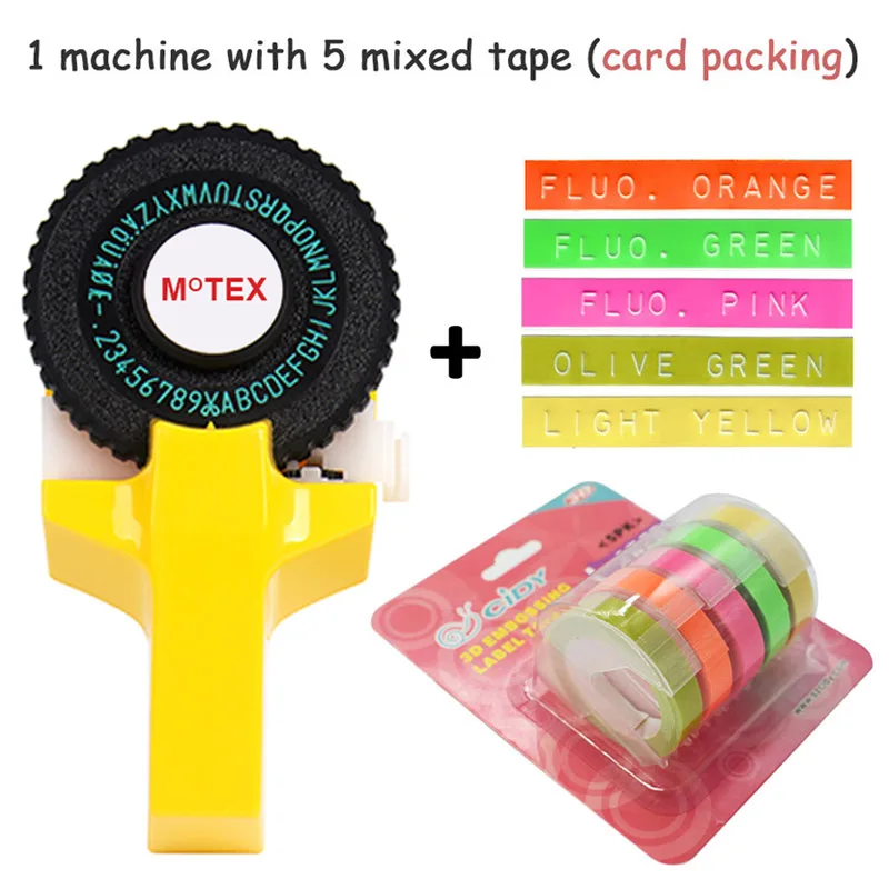Желтый Цвет MoTex E101 принтер мини DIY ручной совместимый для dymo 3D Тиснение Ручной ленточный ручной пишущая машинка надписи машина - Цвет: machine add 5 mixed