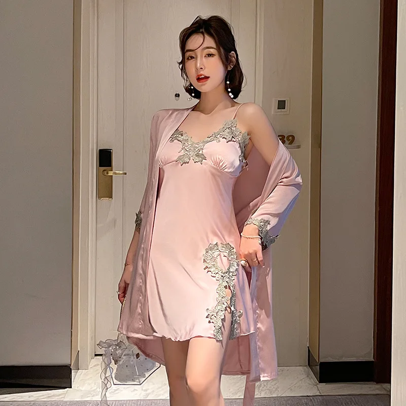 Комплект женский из 2 предметов вискозный пикантный кружевной халат кимоно с