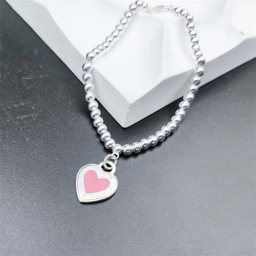 

925 Sterling Silver 4/8mm Bead Bracelet Classic Silver Edge Enamel Heart Charm Bead Chain Popular All-Match Jewelry Gift