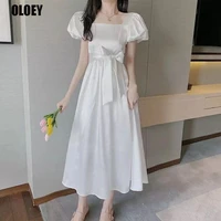 korean summer 2021 new white office dress women bubble sleeves robe dresses female dress women chic elegance square collar dress