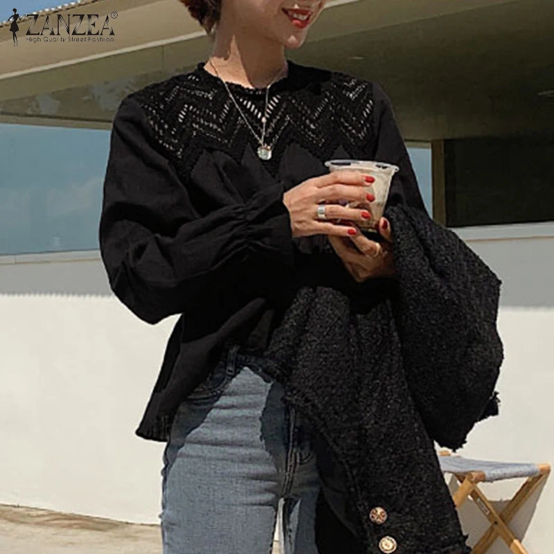 

Женская Повседневная Блузка ZANZEA, 2021 однотонные хлопковые льняные топы, стильные кружевные лоскутные блузы, Офисная рубашка с эластичными м...