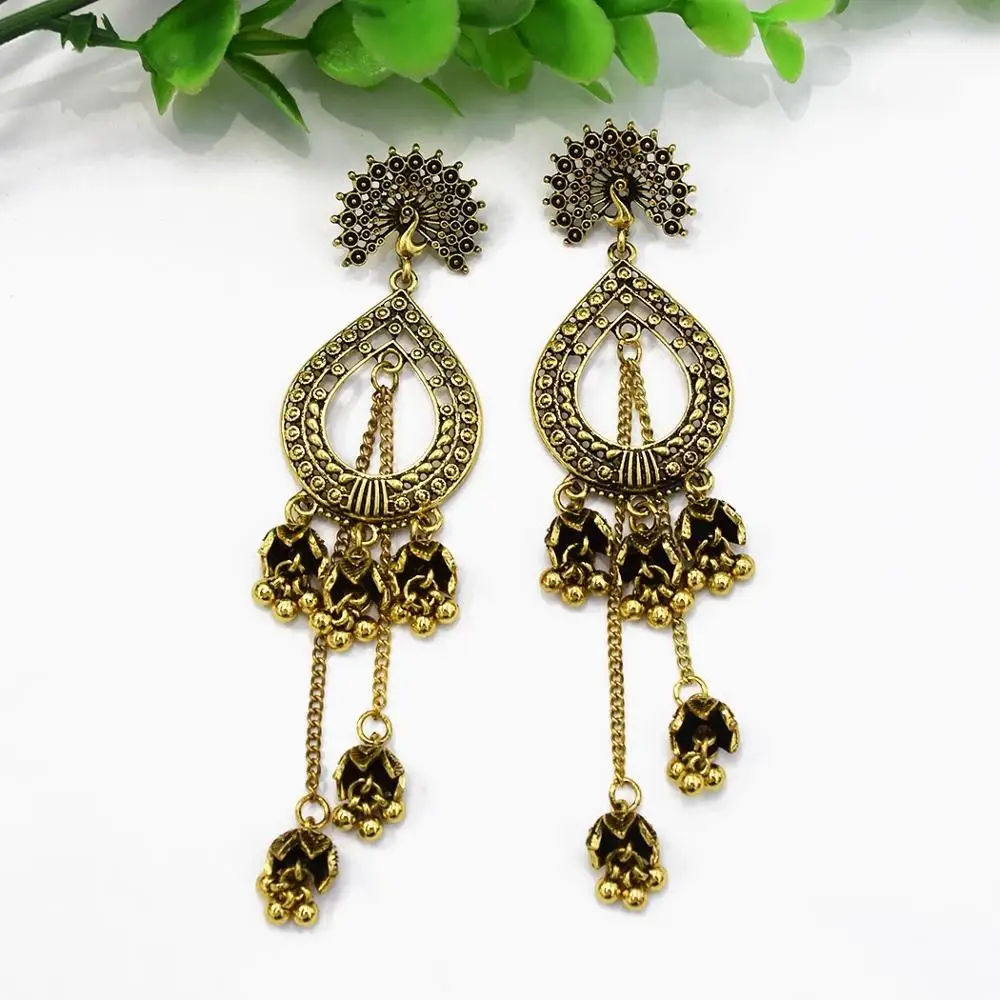 Богемные винтажные цыганские капли воды полый Павлин Jhumka бахромой Золотой Цвет