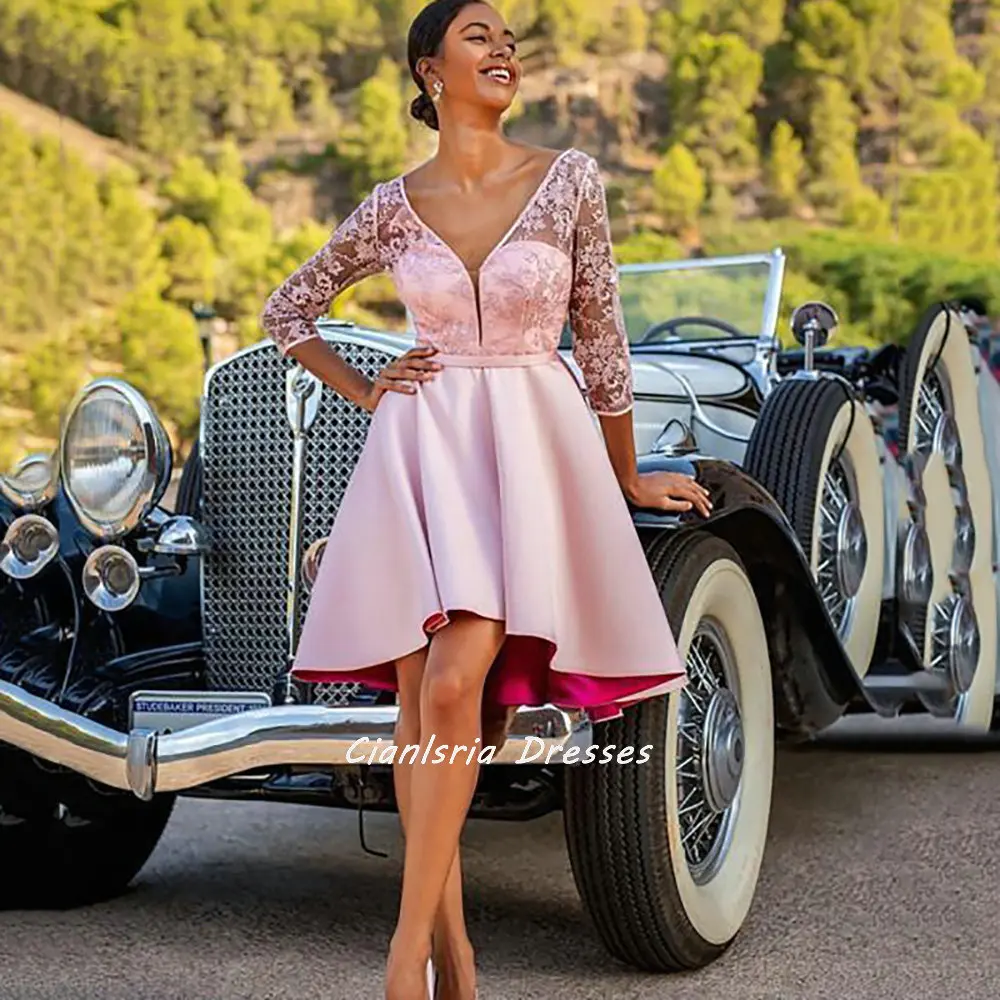 

Pink Three Quarter Sleeve Backless Mini Satin Homecoming Dresses V-Neck Appliques Lace Sashes Short Cocktail Graduation Dress