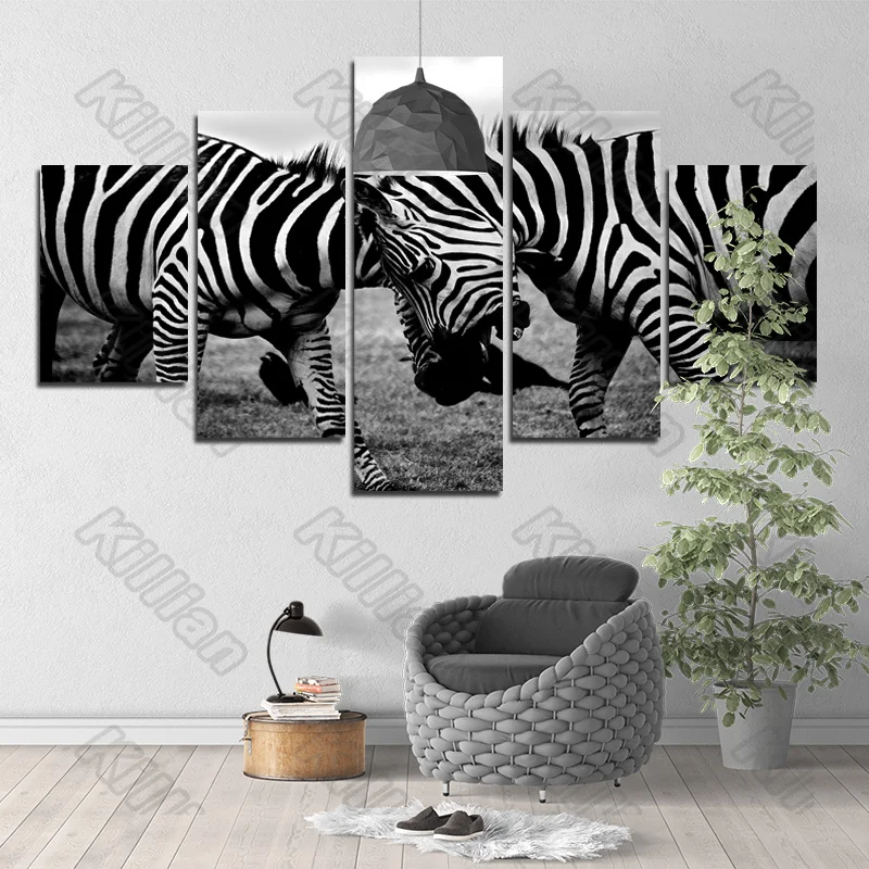 

Nostalgia Style Mural Canvas Paintings Modular Bed Home Decor Prints 5 Pieces Grassland Zebra Herd Decoration Living Room Fresco