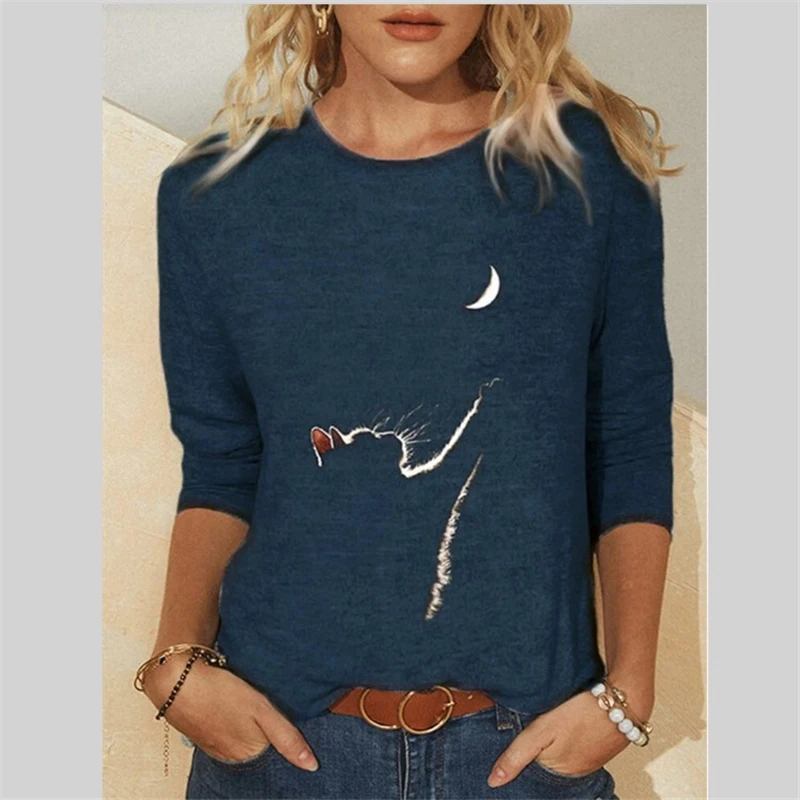 Women Clothes Spring Summer Casual  Women's Clothing Funny Cute Cat 3D Print Long Sleeve T-Shirts Female Ladies Fashion Tops