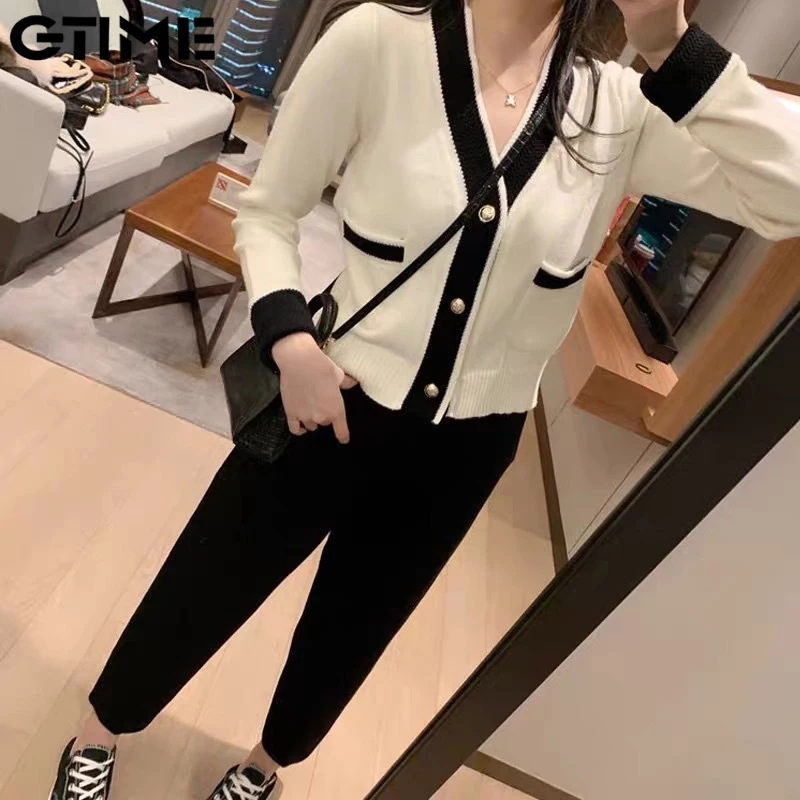 

Vintage Knitted Cardigans Sweaters Women Long Sleeve V-neck Korean Fashion Slim Tops Cardigans Autumn Winter #LAHXZ-268