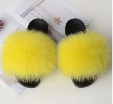 Yellow Женские модные шлепанцы из натурального меха енота; женские шлепанцы; Летние вьетнамки; унисекс; повседневные Модные босоножки с лисьим мехом; модная плюшевая обувь - Цвет: Yellow
