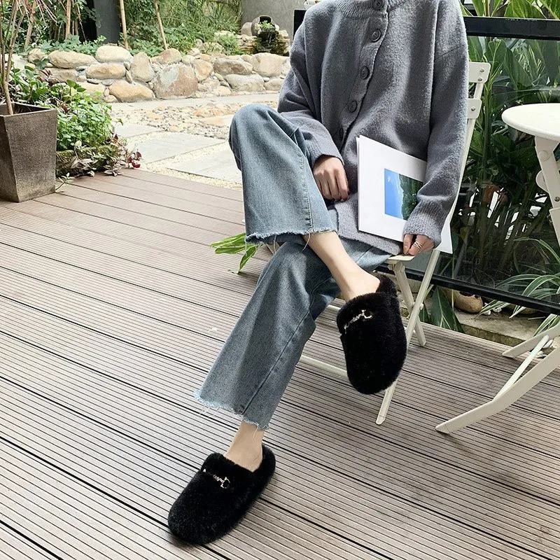 Hairy Slippers Women's Autumn And Winter 2021 New Thick Bottom Casual Lazy Home Baotou Cotton Drag