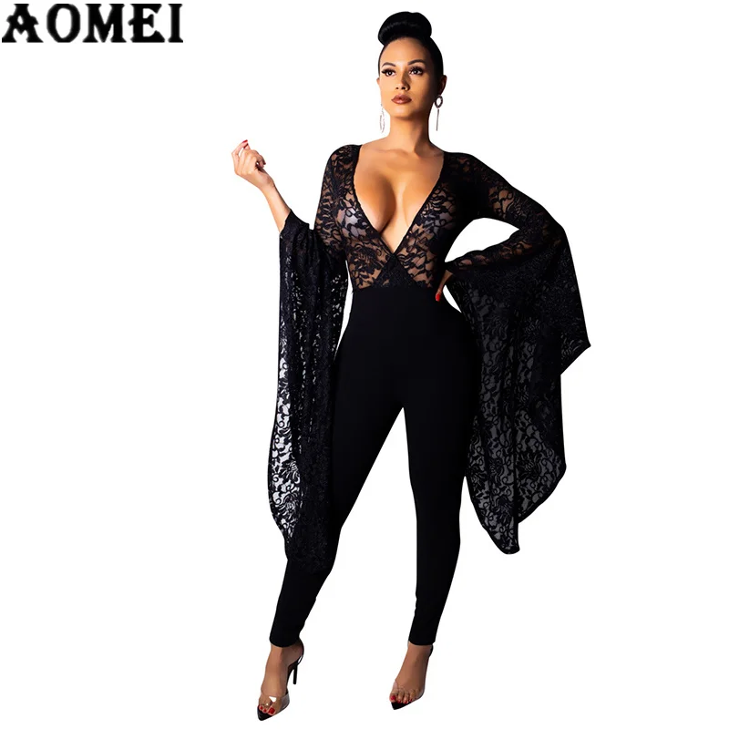 Женские кружевные комбинезоны с глубоким V образным вырезом Длинные свободные