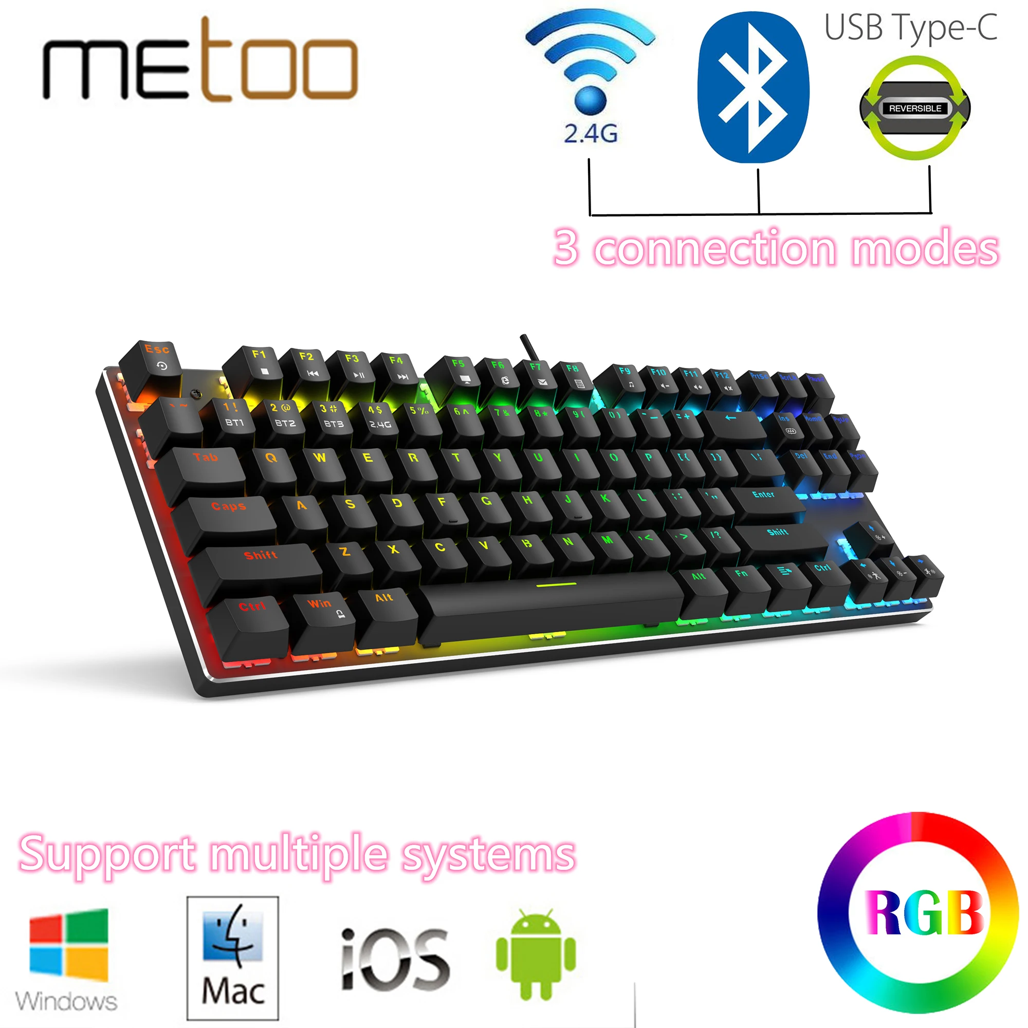 Механическая беспроводная клавиатура Metoo с Bluetooth 3 0 2 4G Игровая USB/Type-C RGB-подсветкой