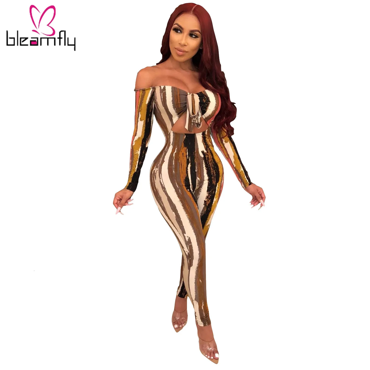 2019 женский комбинезон в полоску с принтом Tie Dye Облегающий вырезом лодочкой и