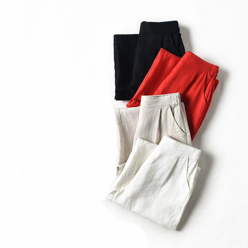 Брюки женские с эластичной завышенной талией Свободные повседневные льняные