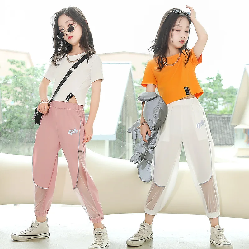 

Новинка 2022, Детская футболка с коротким рукавом, спортивная одежда, модные спортивные штаны из сетчатой пряжи для девочек, Детский Повседне...