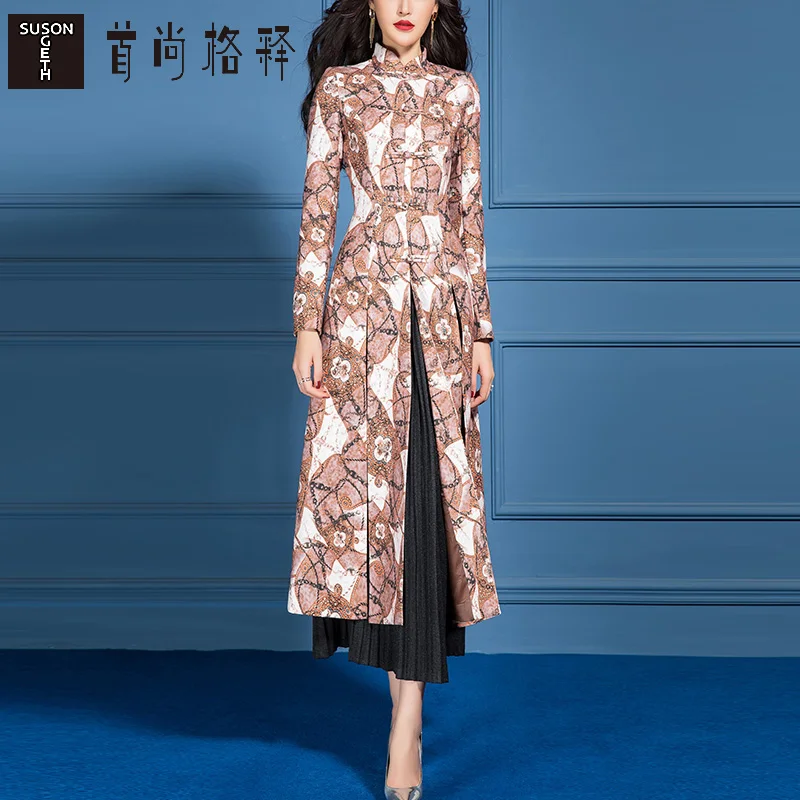 

Spring New Fashion 2021 Casual Floral Print Long Coffee Coat Dress Woman