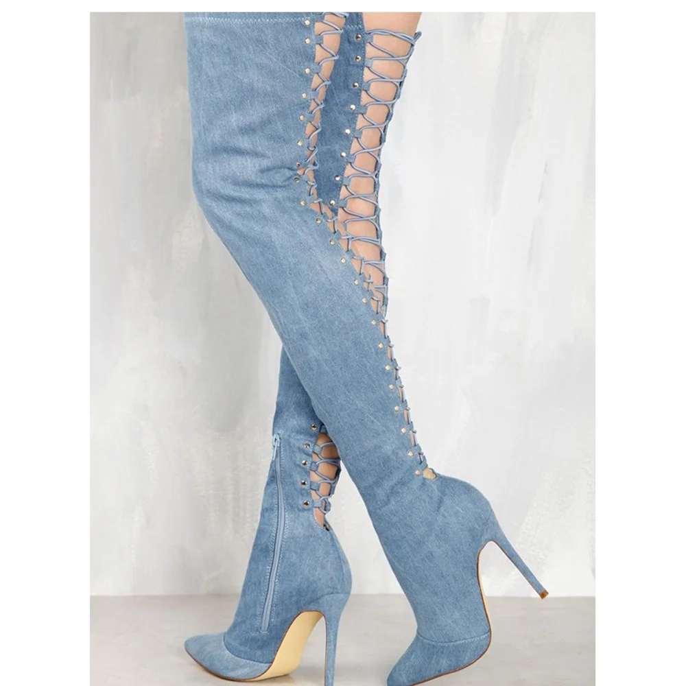

Джинсовые сапоги выше колена на шнуровке сзади, с острым носком, с вырезами, на высоком каблуке, женские весенние Осенние сексуальные Клубные длинные сапоги