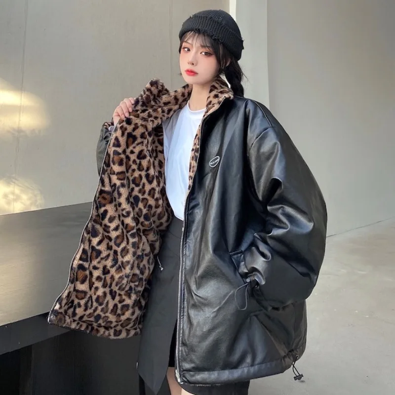

Winter PU Leather Women Jacket Leopard Print Thick Warm Faux Lamb Fur Lining Reversible Wear Loose Harajuku Snow Female Coat