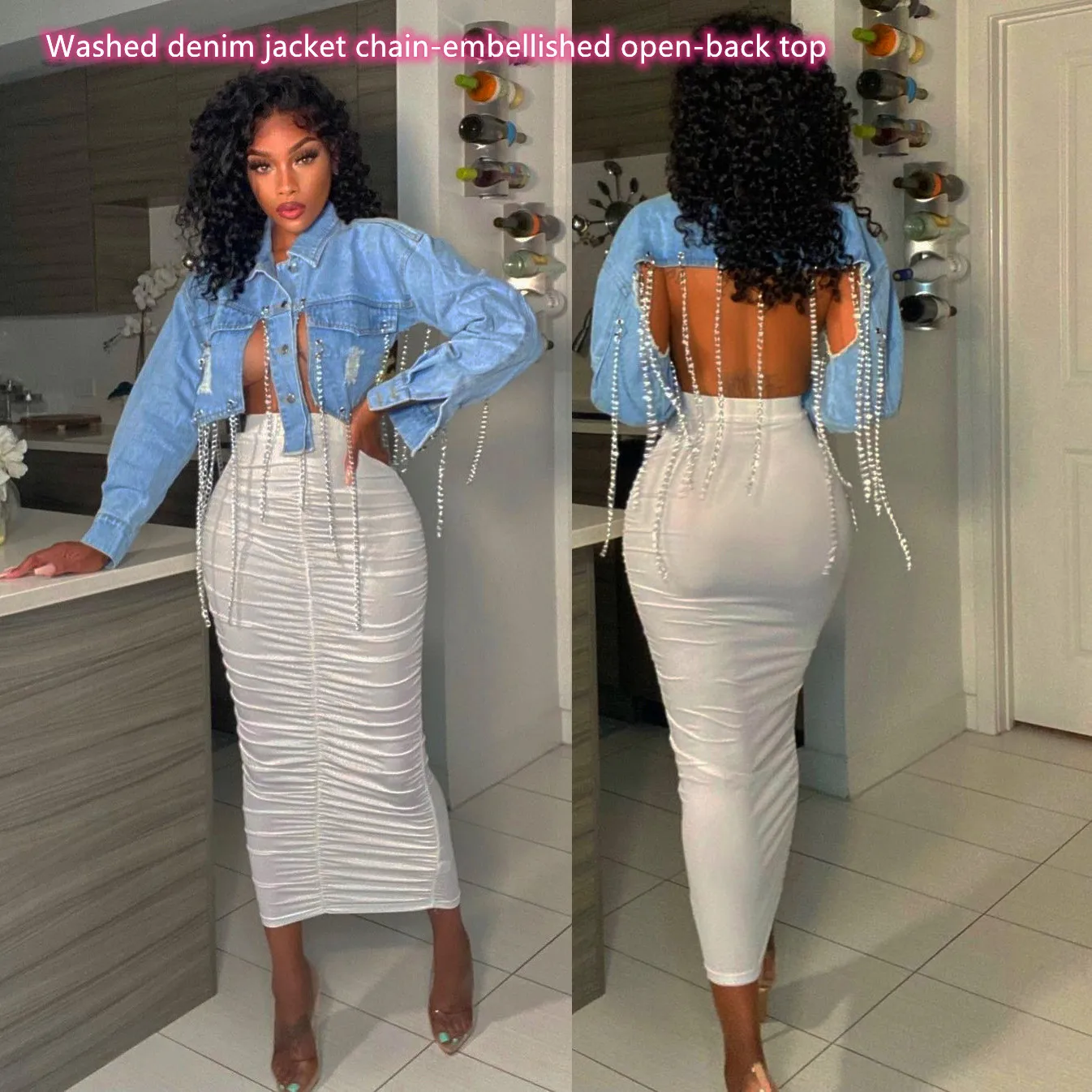 

Женская джинсовая куртка, повседневная облегающая однотонная куртка с длинным рукавом, отложным воротником, пикантная джинсовая куртка с о...