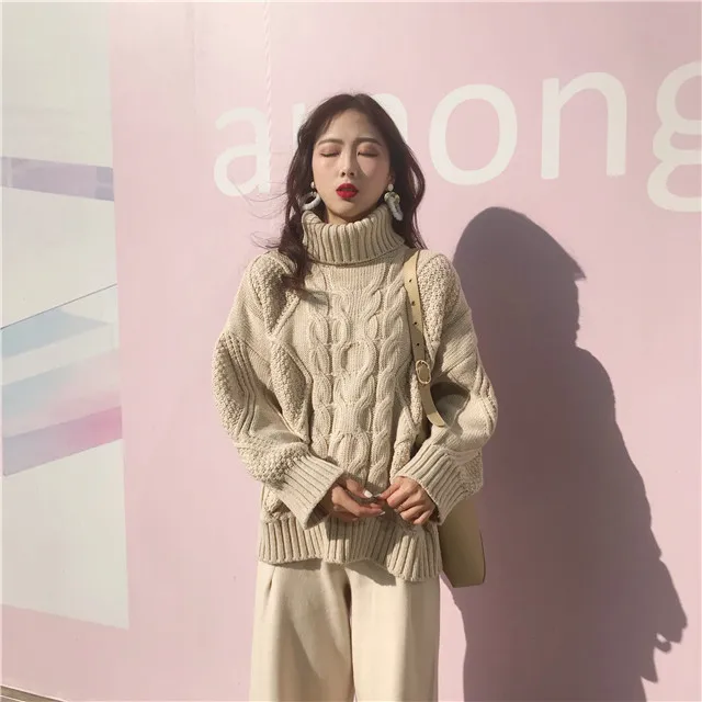 Корейский Harajuku свитер с высоким воротом женские милые Свободные Твист толстые