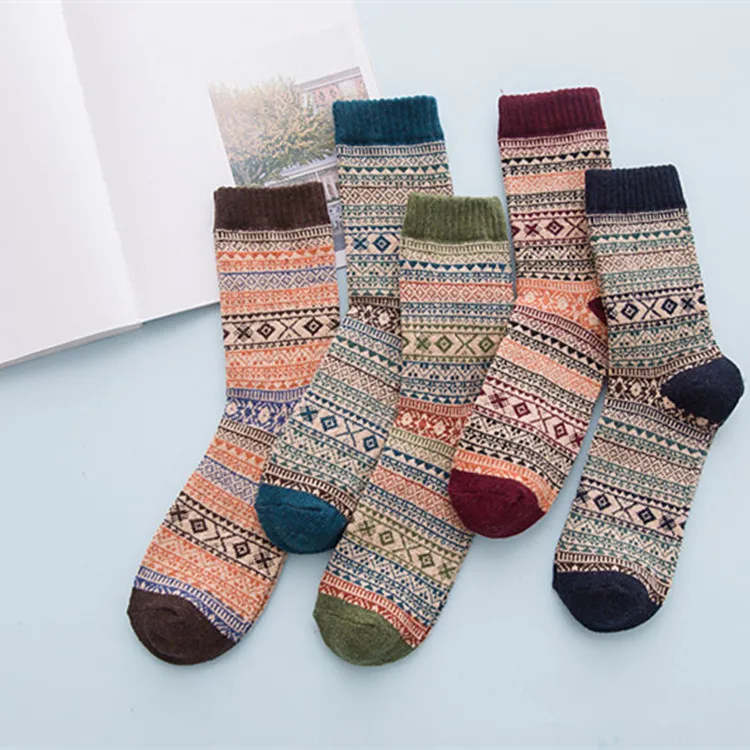 5 Pairs/Lot Men Women Diamond Rabbit Wool Socks Middle Tube Autumn And Winter Thick Socks High Quality  Wholesale