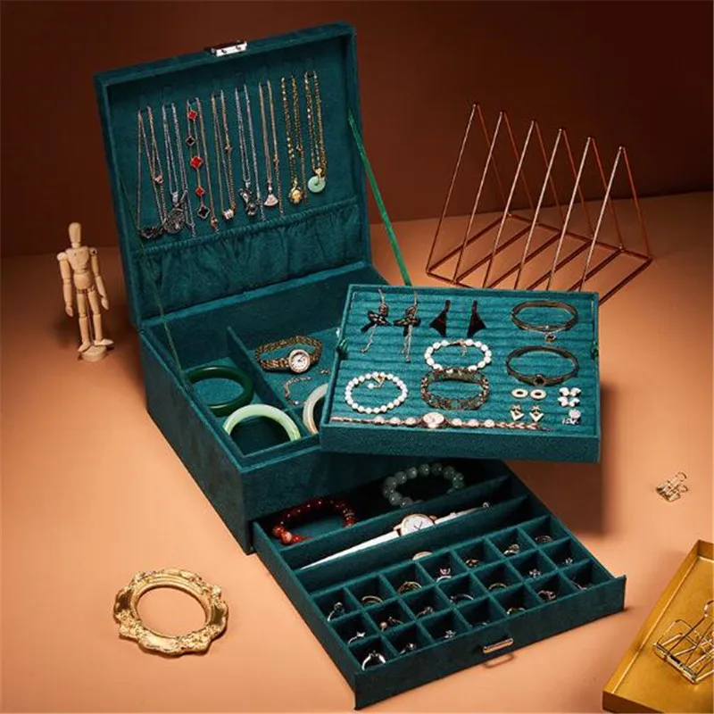 Three-Ayers Flannel Jewelry Organizer Box Oversize Premium Necklaces Earrings Rings Women Large Storage Case with Lock