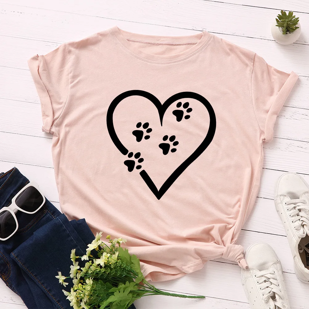 

Women Short Sleeve Cotton T-Shirts Graphic Tees Summer Tee Tops for Female Loose Casual Oversized Clothes Footprints Love Heart