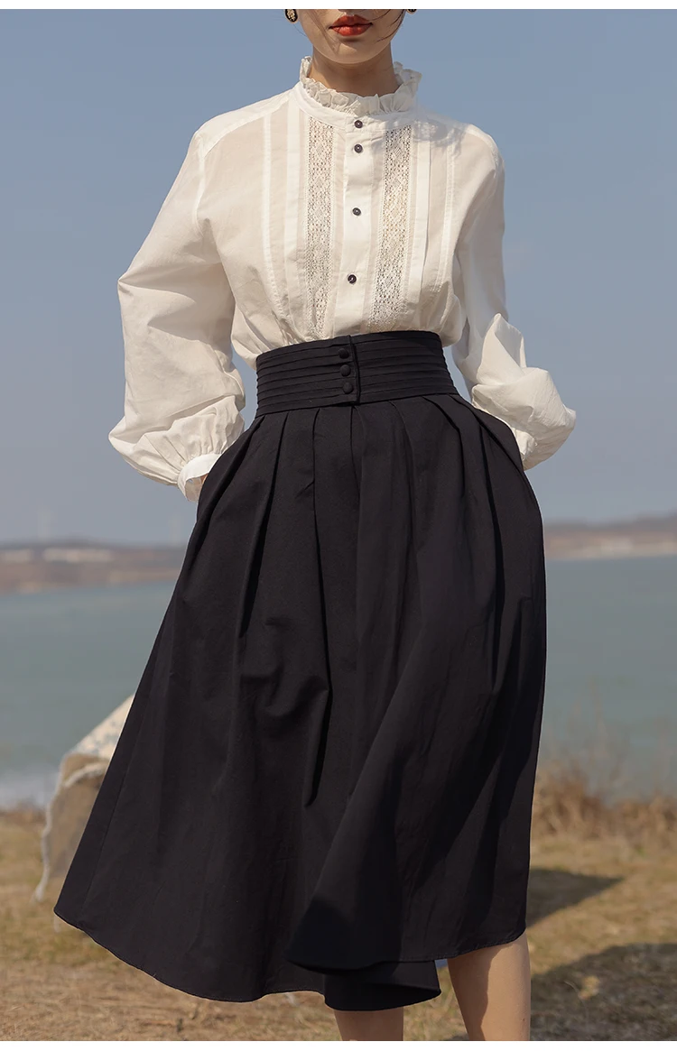 

Three buttons skirt female spring 2021 new summer French retro high waist a-line mid-length over knee umbrella skirts