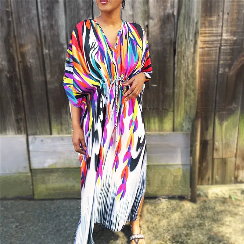 2020 Bohemian Printed Tropical Summer Beach Dress Muticolored Cotton Tunic Women Plus Size Beachwear Maxi Robe plage | Женская одежда