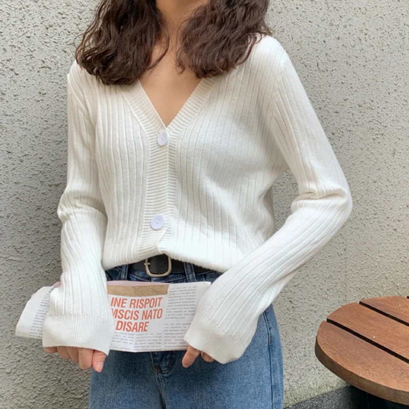 

Красный простой женский свитер, однотонные белые пуловеры, повседневный облегающий свитер с V-образным вырезом, универсальный вязаный коре...