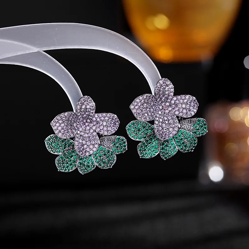 

New Luxury Flower Stud Earrings For Women Shine Zircon Wedding Party Bridal Dinner Indian Jewelry Gift boucle oreille femme