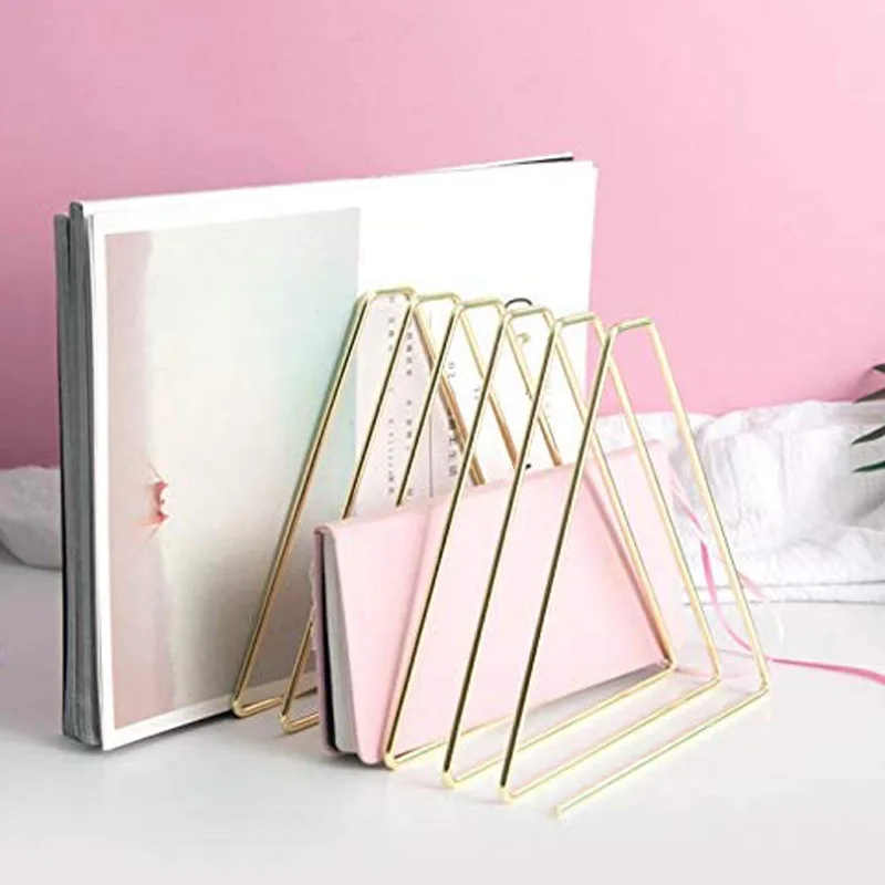 

Files Folder Stand Desktop File Organizer,Triangle Book Shelf Magazine Rack, File Sorter for Indoor Office (Gold)