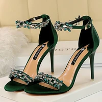 2021 women 9cm high heels crystal sandals lady silk wedding bridal heels sandles glitter prom luxury stripper satin strap shoes