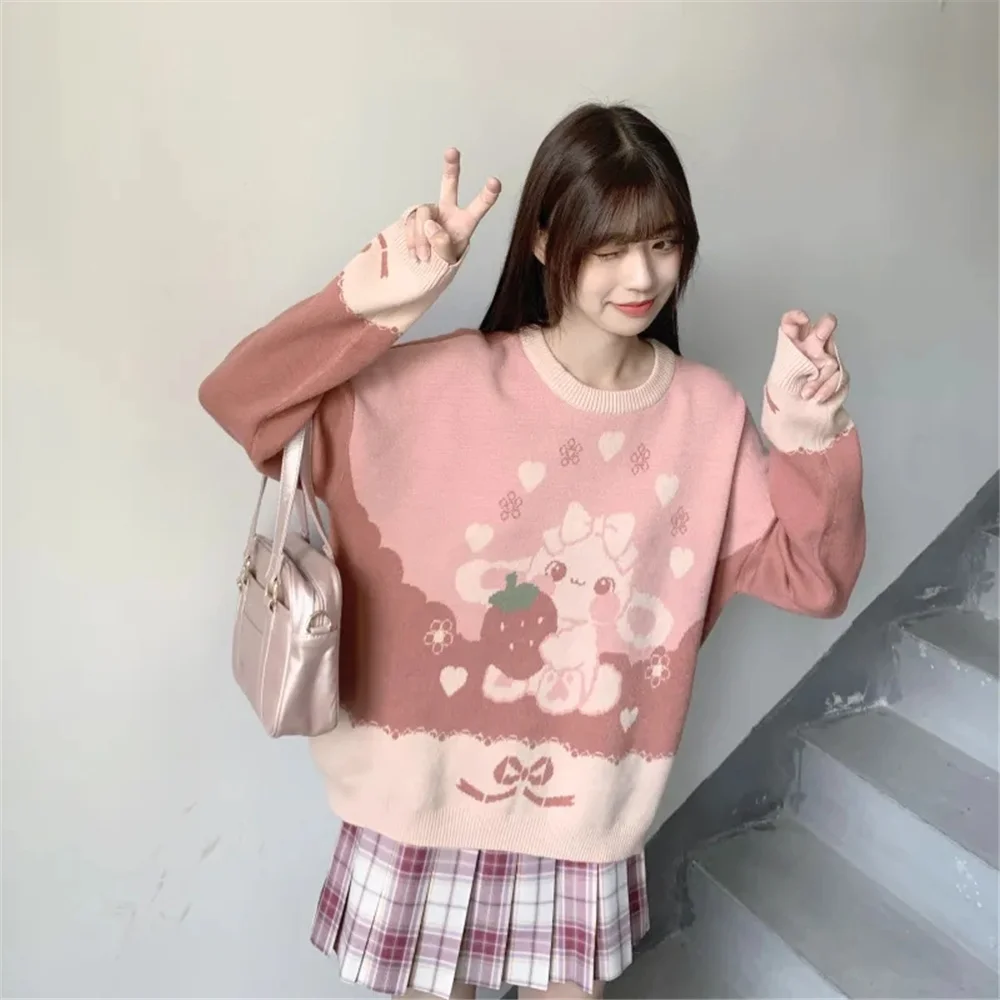 

Kawaii Cartoon Print Japanese Style Women Pullover Sweet All-Match Crew Neck Sweater Spring Autumn Mori Girl Knitting Clothing