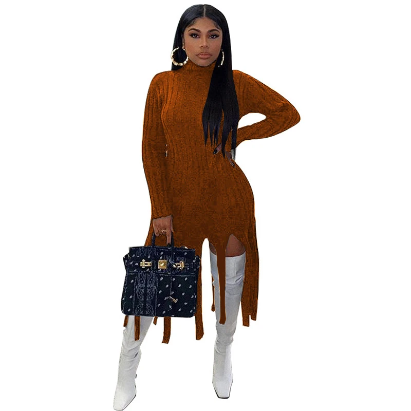 

Plus Size Knitted Tassel Solid Color Long Sleeves Loose Sexy Sweater Dress New Autumn Women All-Matching Outfits