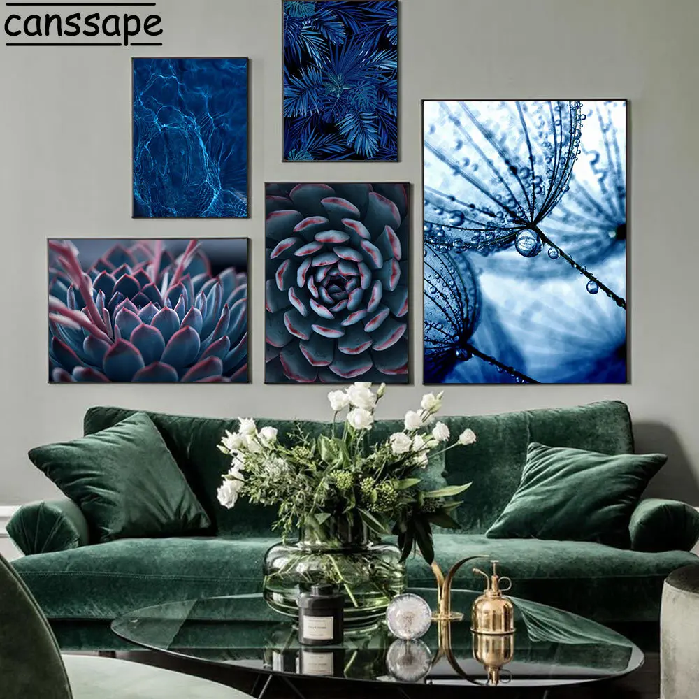 Суккуленты листья монстеры плакат Скандинавская настенная живопись Синий