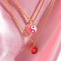 just feel new pink yin yang metal long chain pendant necklace for women multi layer cute flowers necklace bohemia trendy jewelry