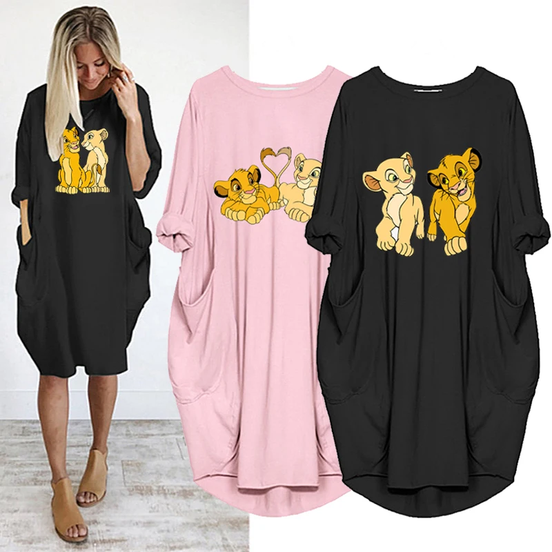 

Midi Dresses Casual The Lion King Women Dress Long Sleeve Loose Vestido Print Harajuku Cartoon Robe Femme Pockets Streetwear