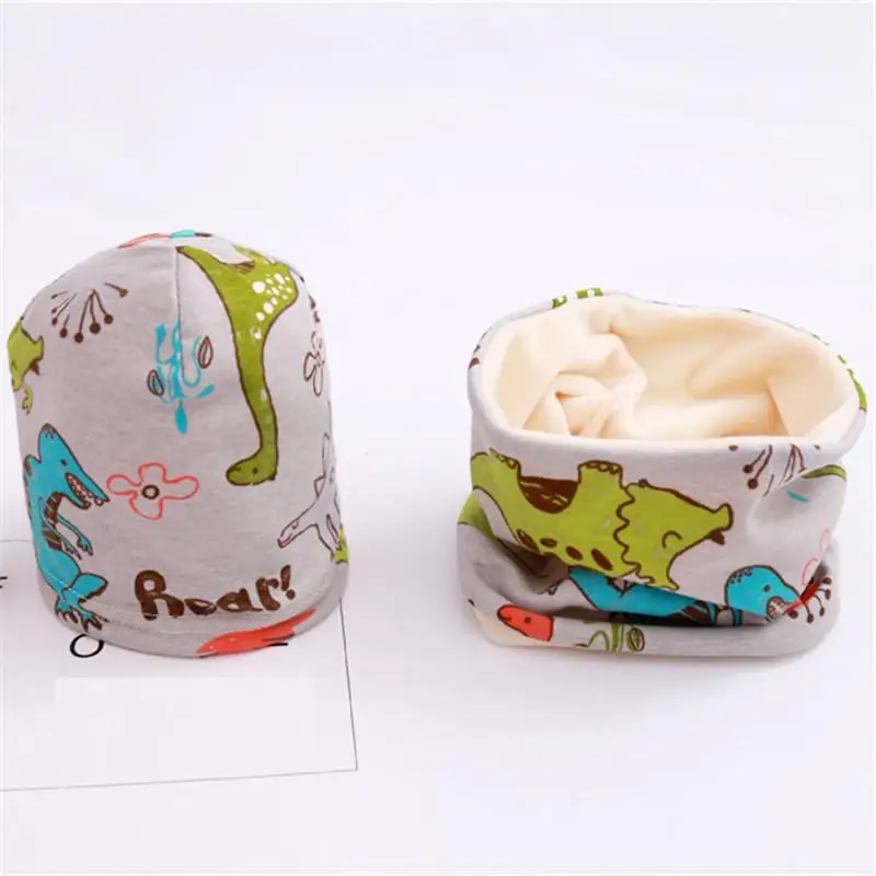 dinosaur C plush Осенне-зимний Хлопковый вязаный детский комплект из 2 предметов, шапка с воротником для мальчиков и девочек, Одноцветный шарф, шапка, комплект из 2 предметов - Цвет: dinosaur C plush